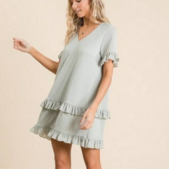 Sage Green Woven Ruffled Detailed Dress - Picture 2 of 7
